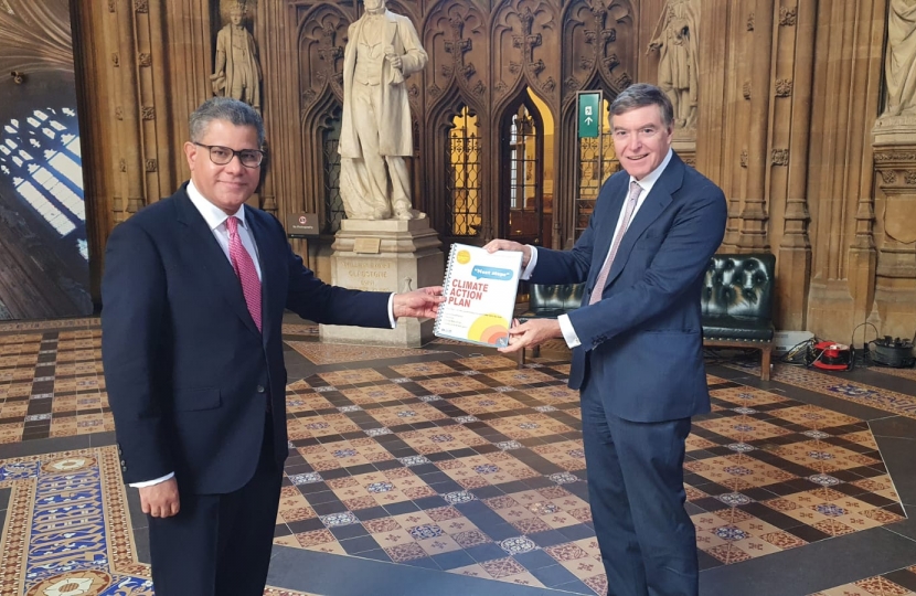 Photo: Philip Dunne MP presenting COP26 President, Rt Hon Alok Sharma MP, with South Shropshire Climate Action’s Report